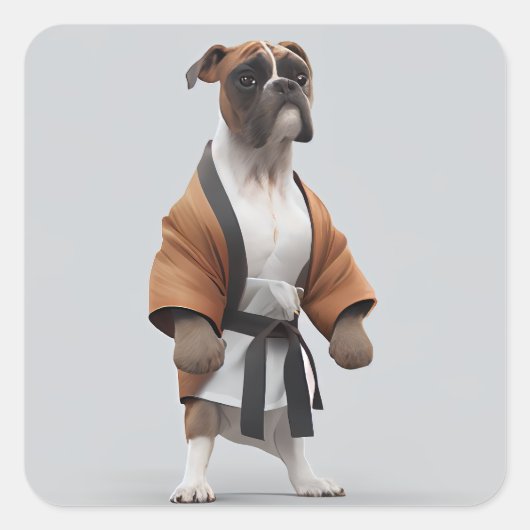 Sticker Carré Boxer Dog Jouer Karate, Karate Champion Boxer Dog (Devant)