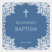 Sticker Carré Boy Baptism Classic Blue Faux Croix Feuille d'arge (Devant)