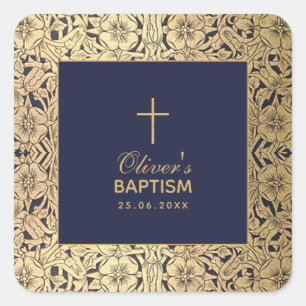 Sticker Carré Boy Baptism Vintage Gold Roses Marine Bleu Élégant