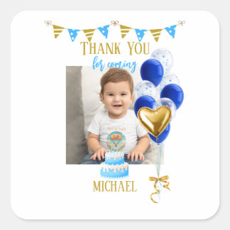 Sticker Carré Boy First Birthday Photo Blue Gold Balloon Cute
