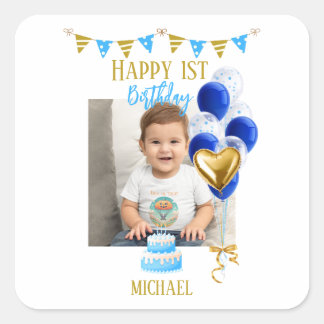 Sticker Carré Boy First Birthday Photo Blue Gold Balloon Cute