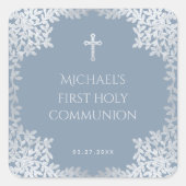 Sticker Carré Boy First Communion Dusty Blue Faux Feuilles d'arg (Devant)