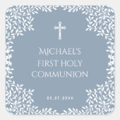 Sticker Carré Boy First Communion Dusty Blue White Leaves Cross (Devant)