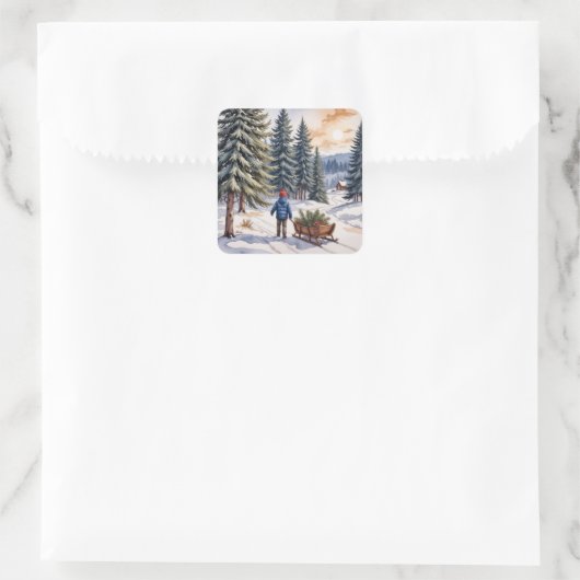 Sticker Carré Boy Pulling a Sled With Christmas Evergreen Boughs (Sac)