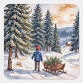Sticker Carré Boy Pulling a Sled With Christmas Evergreen Boughs (Devant)