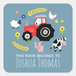Sticker Carré Boys Blue Ce livre appartient à la ferme Tracteur