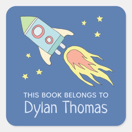 Sticker Carré Boys Rocket Ship 'This Book Belongs' et nom (Devant)