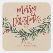 Sticker Carré Branche d'aquarelle de Noël Joyeux Script (Devant)
