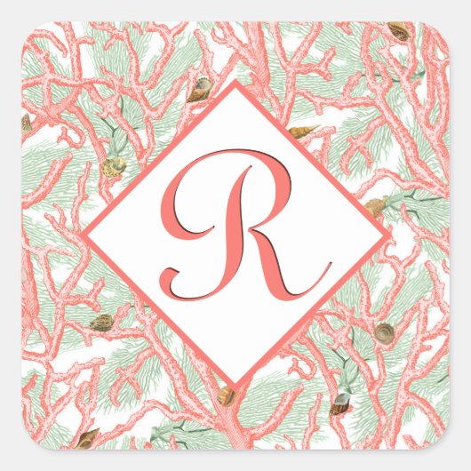 Sticker Carré Branches de corail avec coquillages Monogramme (Devant)
