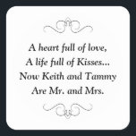 Sticker Carré Bride and Groom Are Now M. et Mme Wedding<br><div class="desc">This charming M. et Mme Square broassortiments a darling poem personalized with the bride and groom's names. This would be a perfect sticker to accent a favor box holding Hershey Kisses. Matching products available.</div>