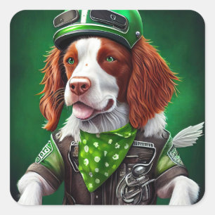 Sticker Carré Brittany Spaniel conduite vélo St. Patrick's Day