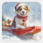 Sticker Carré Brittany Spaniel Dog in Sledge Christmas (Devant)