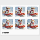 Sticker Carré Brittany Spaniel Dog in Sledge Christmas (Feuille)