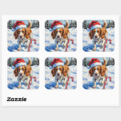 Sticker Carré Brittany Spaniel Dog Pointing at Christmas Candy (Feuille)