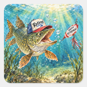 Sticker Carré Brochet du Nord à la retraite portant une casquett