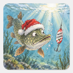 Sticker Carré Brochet du Nord de Noël avec un chapeau de Père No