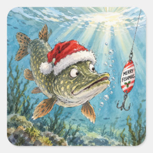 Sticker Carré Brochet du Nord de Noël avec un chapeau de Père No