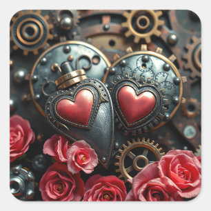 Sticker Carré Bronze et Or Métal Coeur et Engrenages Steampunk