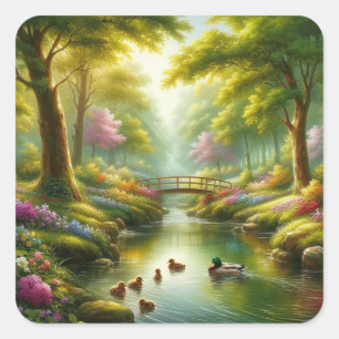 Sticker Carré Brook de printemps avec canards/fleurs
