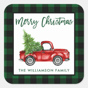 Sticker Carré Brosse Script Camion Noël Vert Plaid L