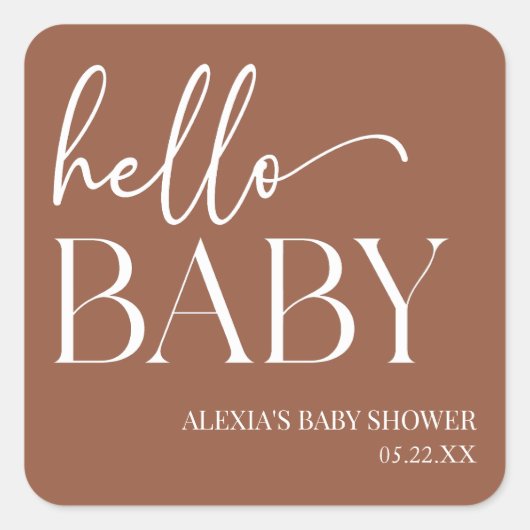 Sticker Carré Brown Boho Bohemian Hello Baby shower bébé (Devant)