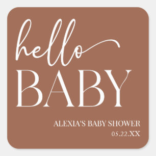Sticker Carré Brown Boho Bohemian Hello Baby shower bébé