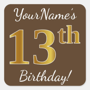 Sticker Carré Brown, Faux Gold 13e anniversaire + Nom personnali