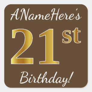 Sticker Carré Brown, Faux Gold 21e anniversaire + Nom personnali