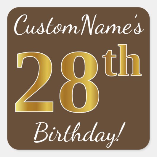 Sticker Carré Brown, Faux Gold 28e anniversaire + Nom personnali (Devant)