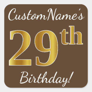 Sticker Carré Brown, Faux Gold 29e anniversaire + Nom personnali