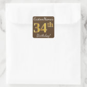 Sticker Carré Brown, Faux Gold 34e anniversaire + Nom personnali (Sac)