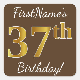 Sticker Carré Brown, Faux Gold 37e anniversaire + Nom personnali