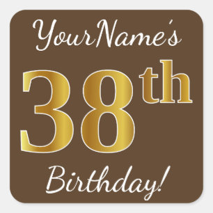 Sticker Carré Brown, Faux Gold 38e anniversaire + Nom personnali