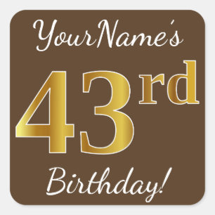 Sticker Carré Brown, Faux Gold 43ème anniversaire + Nom personna
