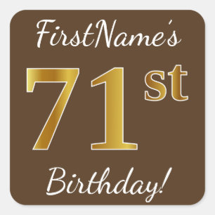 Sticker Carré Brown, Faux Gold 71e anniversaire + Nom personnali