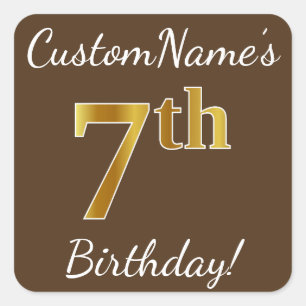 Sticker Carré Brown, Faux Gold 7e anniversaire + Nom personnalis