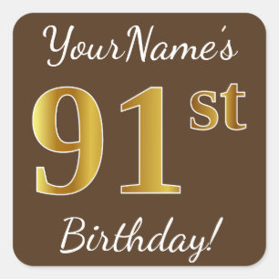 Sticker Carré Brown, Faux Gold 91ème anniversaire + Nom personna