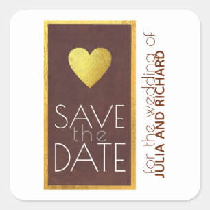 Sticker Carré brown faux gold love heart save-the-date wedding