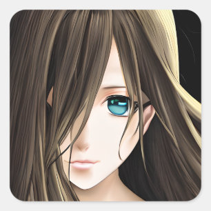 Sticker Carré Brown Haired Blue Eyed Anime Girl