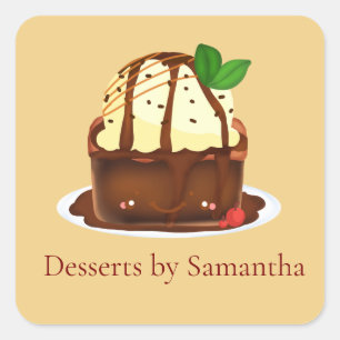 Sticker Carré Brownie au Chocolat Avec Crème Glacée Vanille