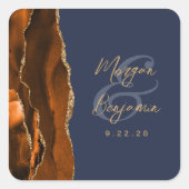 Sticker Carré Brûlé Orange Agate Gold Script Mariage bleu marine (Devant)