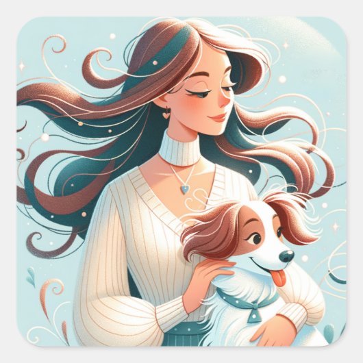 Sticker Carré Brunette Whimsical & Cavalier King Charles Spaniel (Devant)