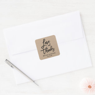 Sticker Carré Brush Script Kraft Love and Thanks Enveloppe Seals