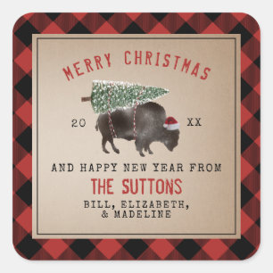 Sticker Carré Buffalo Bison Père Noël Joyeux sapin de Noël