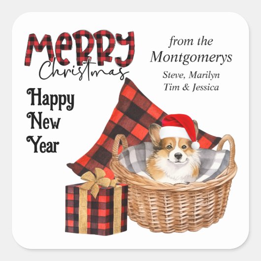 Sticker Carré Buffalo Plaid Corgi Puppy Noël (Devant)