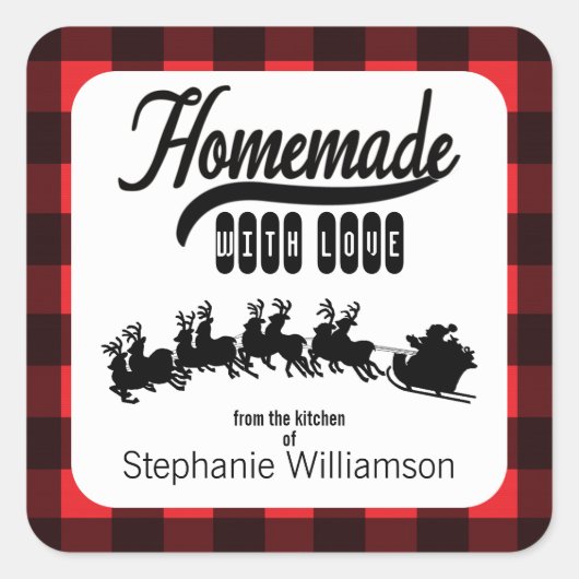 Sticker Carré Buffalo Plaid Père Noël fait maison avec un cadeau (Devant)