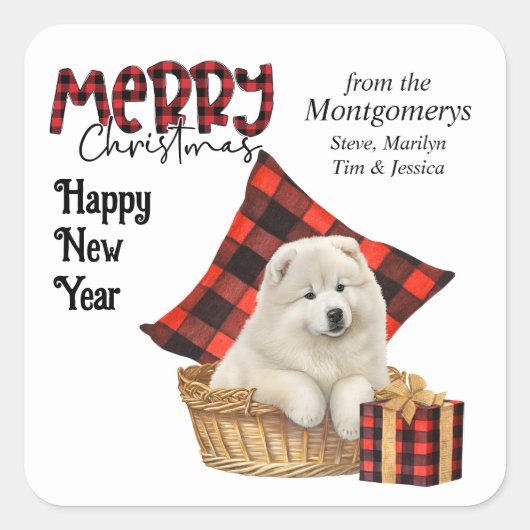 Sticker Carré Buffalo Plaid Samoyed Puppy Christmas (Devant)