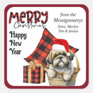 Sticker Carré Buffalo Plaid Shih Tzu Puppy Christmas