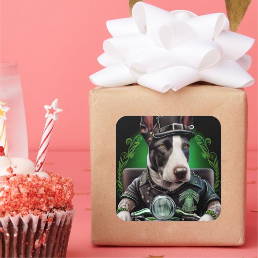 Sticker Carré Bull Terrier Chien Conduite Vélo St. Patrick's Day (Fête)