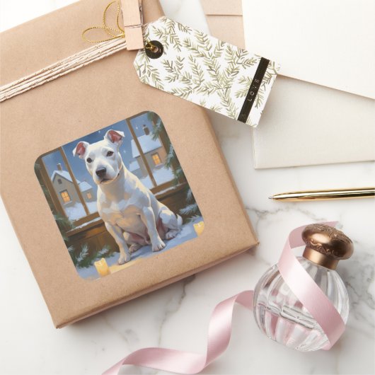 Sticker Carré Bull Terrier with Christmas Lights Holiday (Cadeaux)